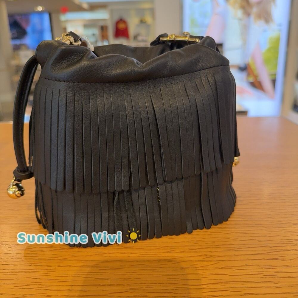 NWT Coach Faye Mini Leather Drawstring Crossbody Bag with Fringe Black CFP27